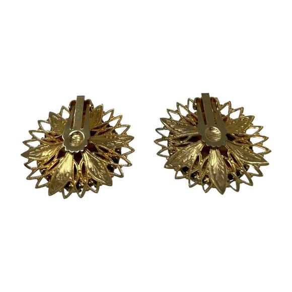 Vintage 50's Gold Tone Filigree Dark Green Button Iridescent 1.5" Clip Earrings - Picture 7 of 11